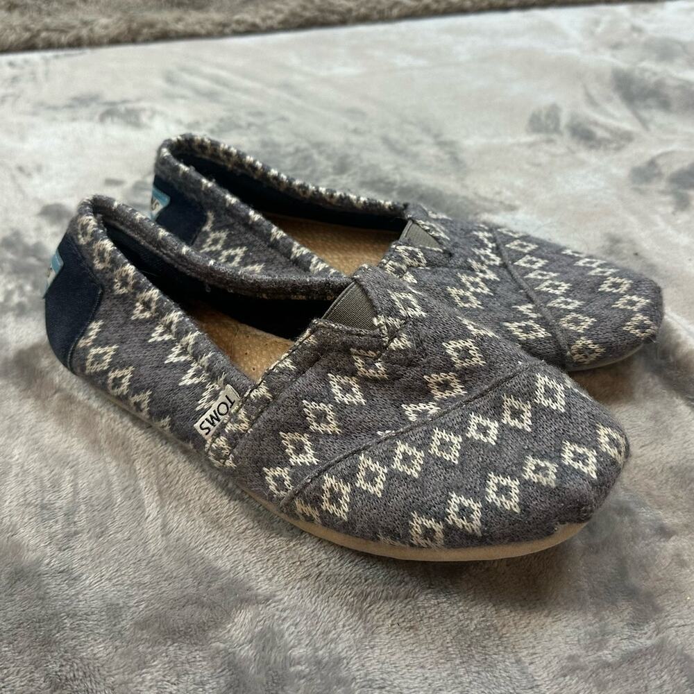 Toms Gray Geo Diamond Print Fabric Loafer Shoes Sneakers Slip Ons Women's 6